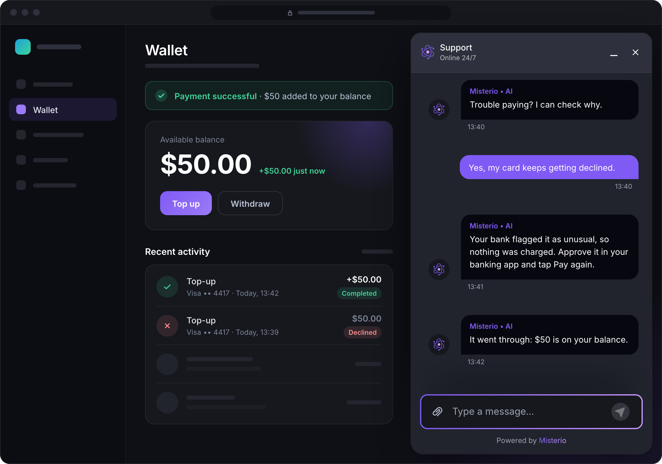 Misterio in a website chat explains why a card payment was declined and confirms the top-up